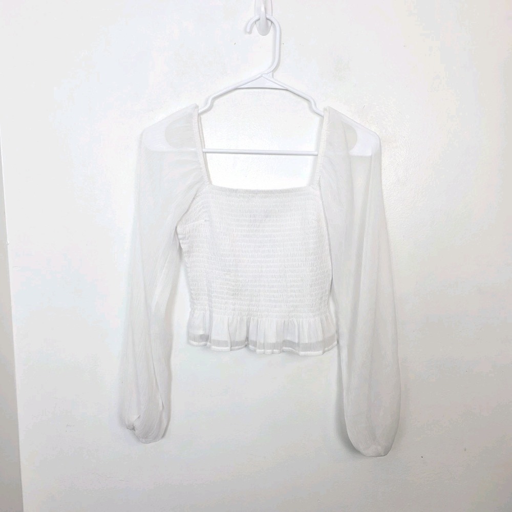 Hollister White Sheer Sleeve Ruched Feminine Angelcore Summer Blouse Size M - Picture 2 of 10